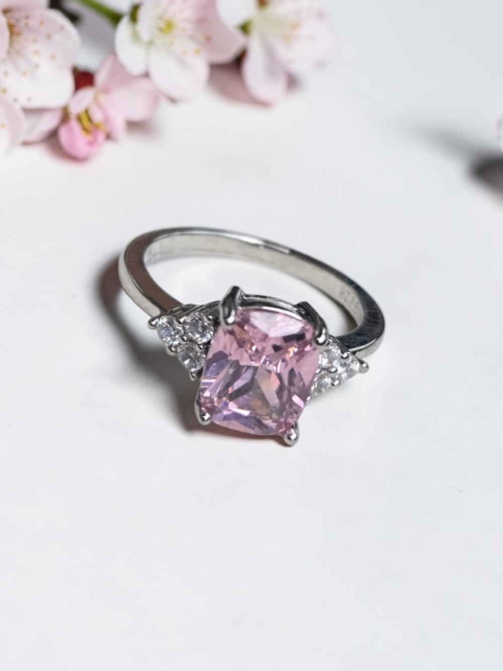 Silver Plated Pink Emerald‑Cut Stone Ring Women’s Fashion Jewelry CZ Accent Gift